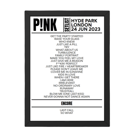 P!nk London June 2023 Replica Setlist - Setlist