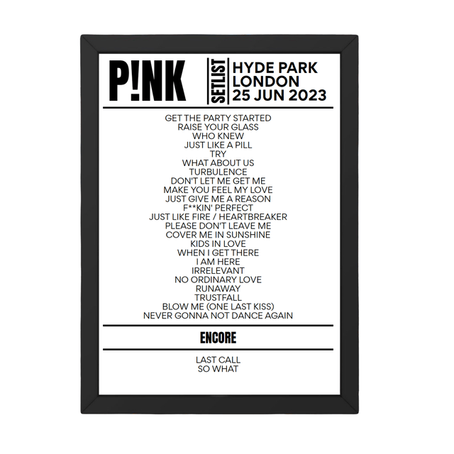 P!nk London June 2023 Replica Setlist - Setlist