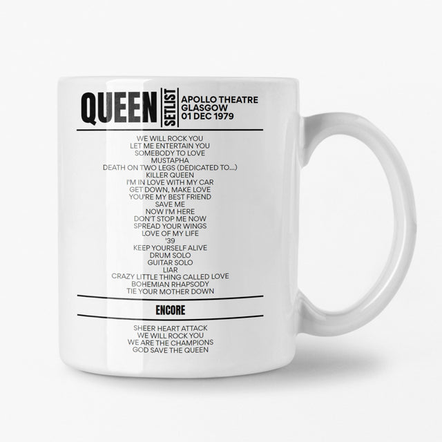 Queen Apollo Theatre Glasgow 1st December 1979 Setlist Mug - Setlist