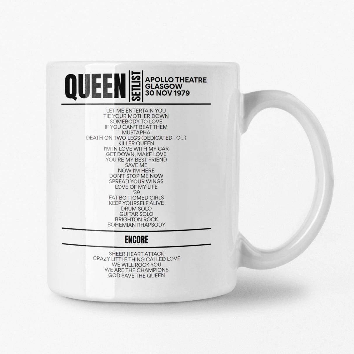 Queen Apollo Theatre Glasgow 30 November 1979 Setlist Mug - Setlist