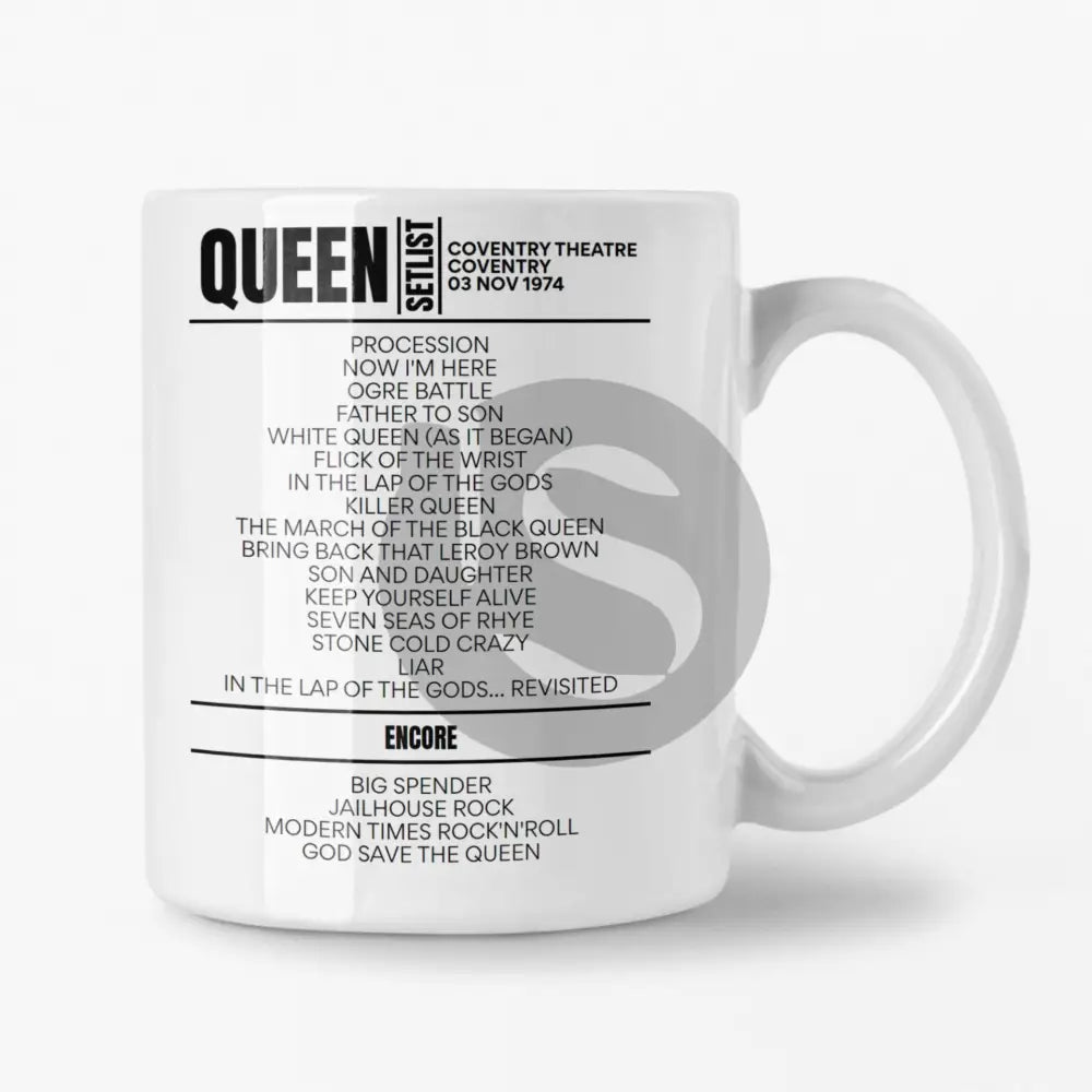 Queen Coventry Theatre 3rd November 1974 Setlist Mug - Setlist