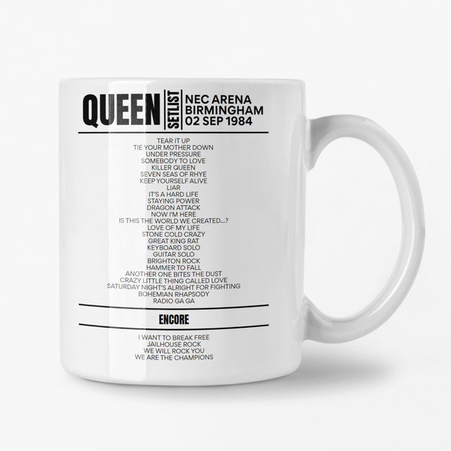 Queen NEC Arena Birmingham 2nd September 1984 Setlist Mug - Setlist