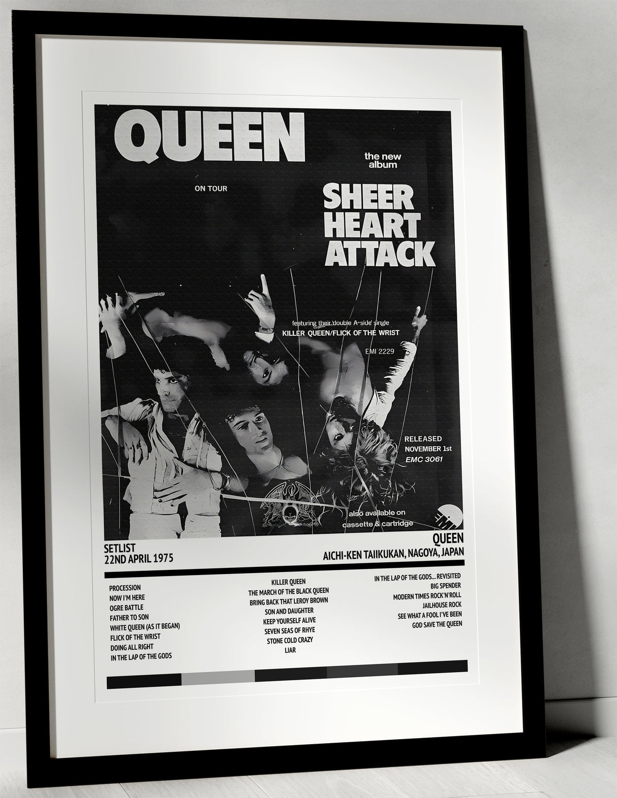 Queen Sheer Heart Attack Aichi - ken Taiikukan Nagoya 22nd April 1975 - Setlist Tour Poster - Setlist