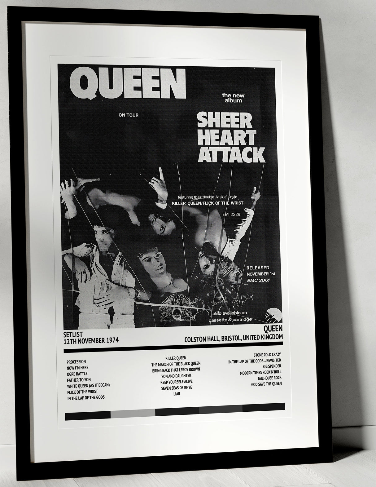 Queen Sheer Heart Attack Colston Hall Bristol 12th November 1974 - Setlist Tour Poster - Setlist