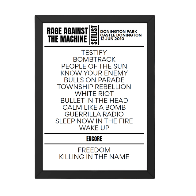 Rage Against The Machine Download Festival 2010 Replica Setlist - Setlist