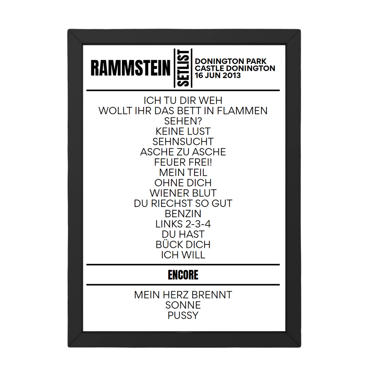 Rammstein Download Festival 2013 Replica Setlist - Setlist