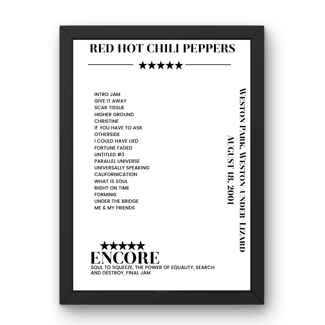 Red Hot Chili Peppers August 18, 2001 Weston Park Weston - under - Lizard Setlist Poster - Setlist