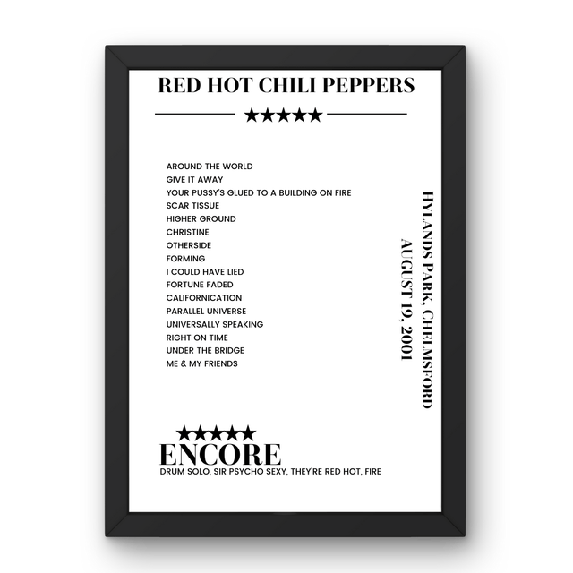 Red Hot Chili Peppers August 19, 2001 Hylands Park Chelmsford Setlist Poster - Setlist