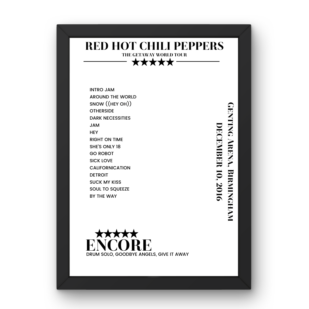 Red Hot Chili Peppers December 10, 2016 Genting Arena Birmingham Setlist Poster - Setlist