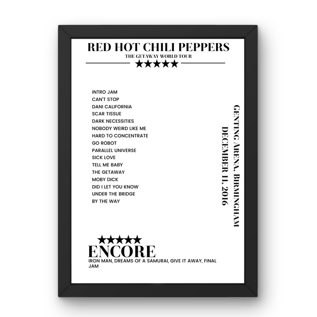 Red Hot Chili Peppers December 11, 2016 Genting Arena Birmingham Setlist Poster - Setlist