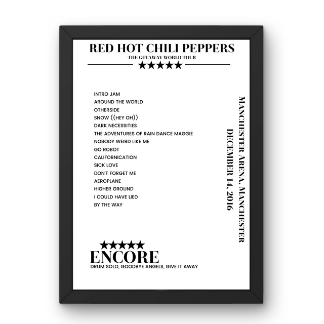 Red Hot Chili Peppers December 14, 2016 Manchester Arena Manchester Setlist Poster - Setlist