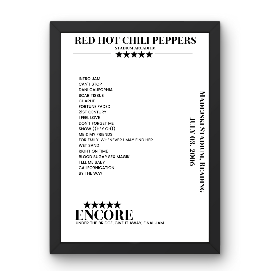 Red Hot Chili Peppers July 03, 2006 Madejski Stadium Reading Setlist Poster - Setlist