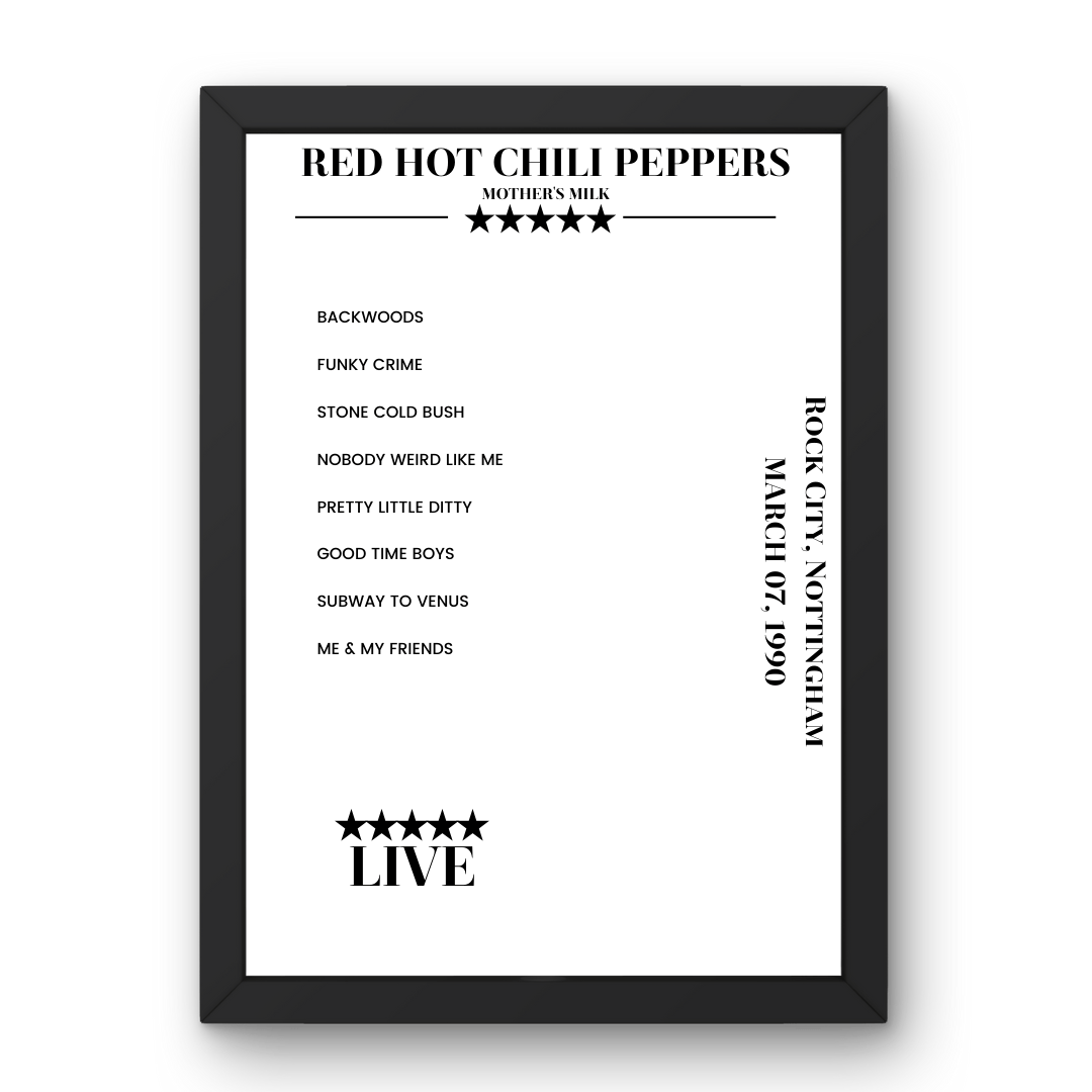 Red Hot Chili Peppers March 07, 1990 Rock City Nottingham Setlist Poster - Setlist