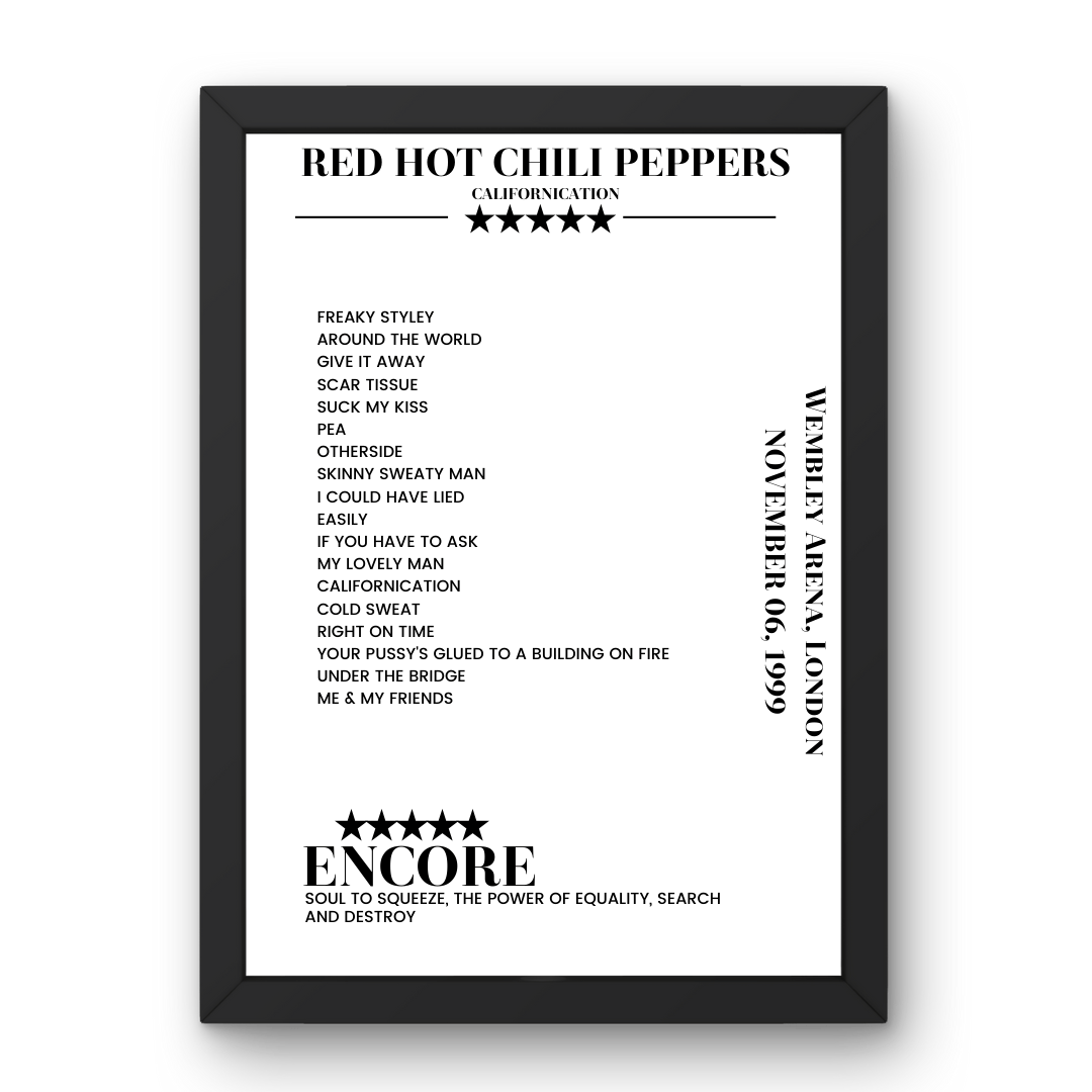 Red Hot Chili Peppers November 06, 1999 Wembley Arena London Setlist Poster - Setlist