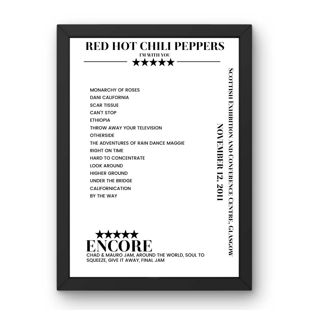 Red Hot Chili Peppers November 12, 2011 Scottish Exhibition and Conference Centre Glasgow Setlist Poster - Setlist