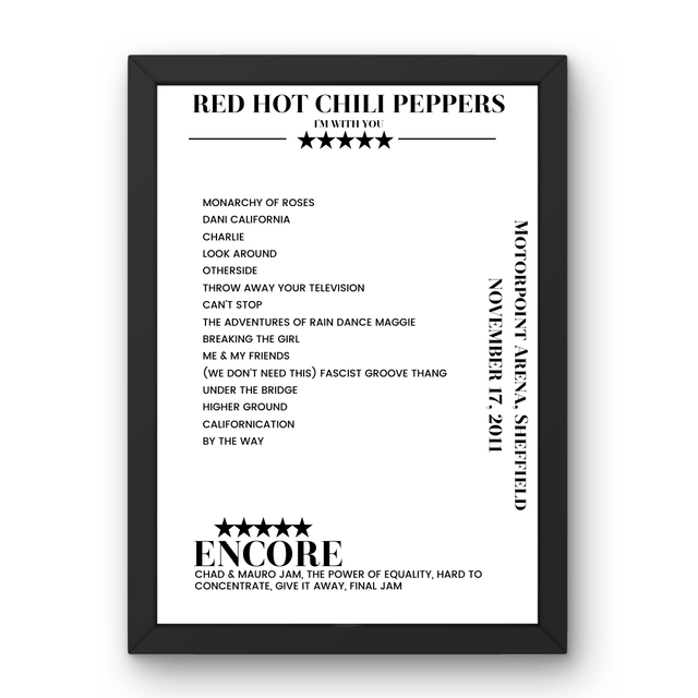 Red Hot Chili Peppers November 17, 2011 Motorpoint Arena Sheffield Setlist Poster - Setlist