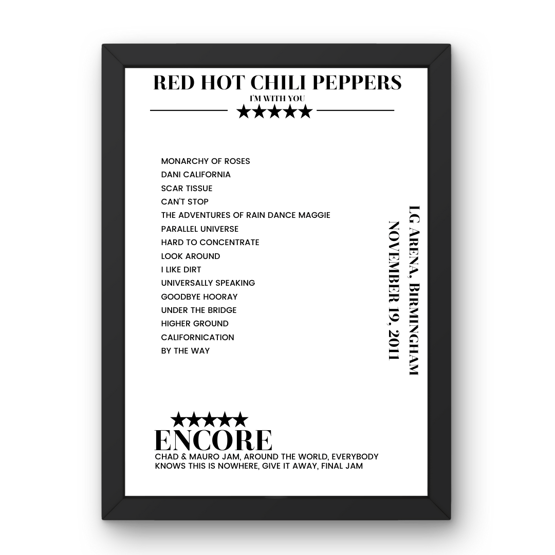 Red Hot Chili Peppers November 19, 2011 LG Arena Birmingham Setlist Poster - Setlist