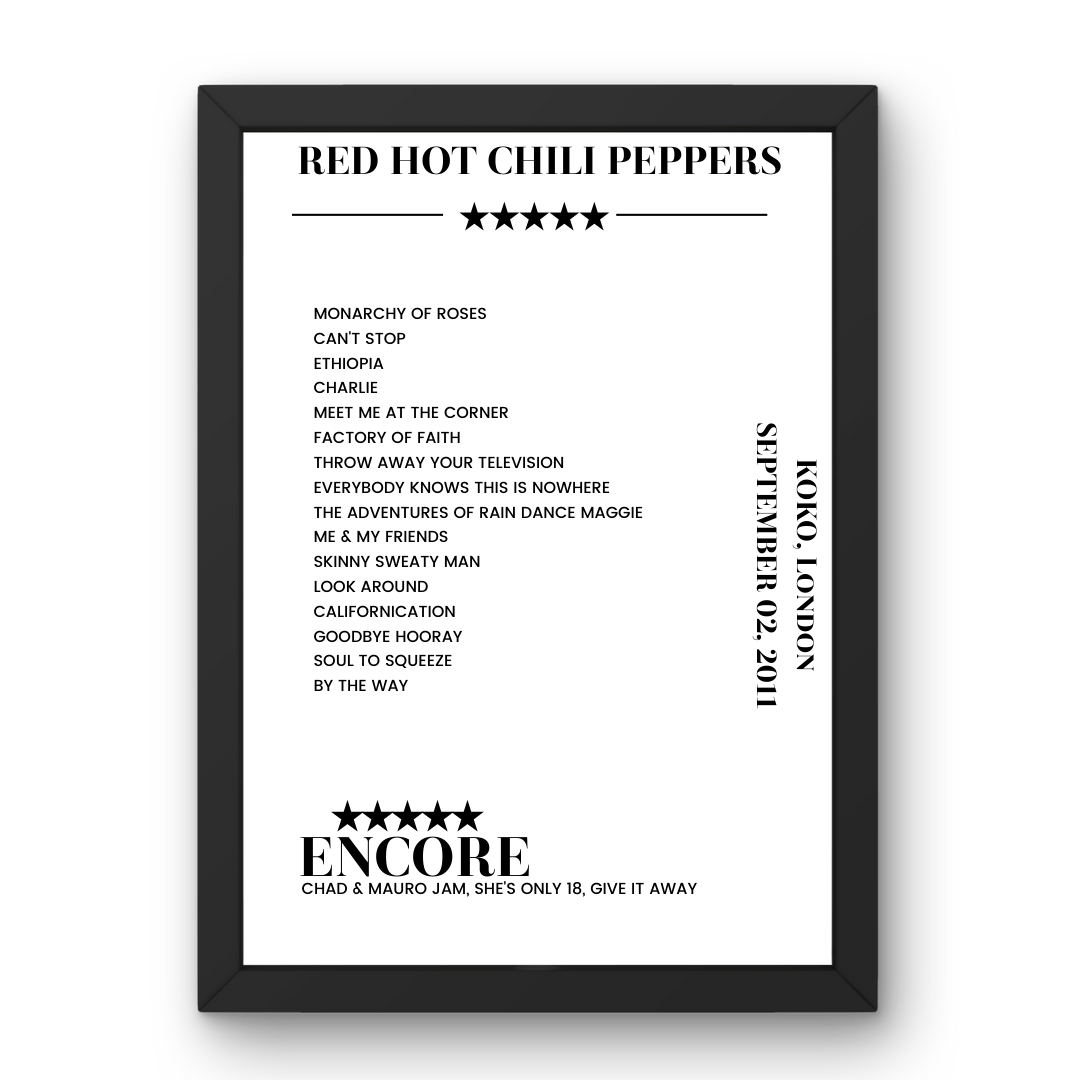 Red Hot Chili Peppers September 02, 2011 KOKO London Setlist Poster - Setlist