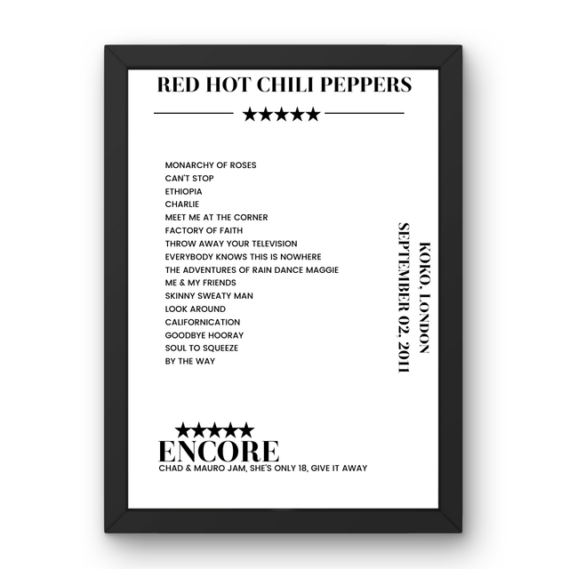 Red Hot Chili Peppers September 02, 2011 KOKO London Setlist Poster - Setlist