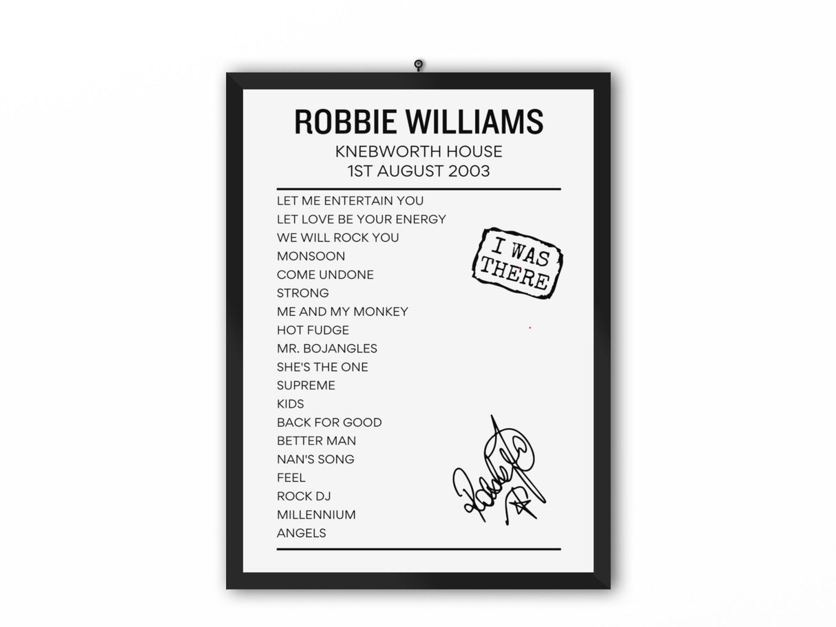 Robbie WIlliams Knebworth August 1 2003 Setlist Poster - Setlist