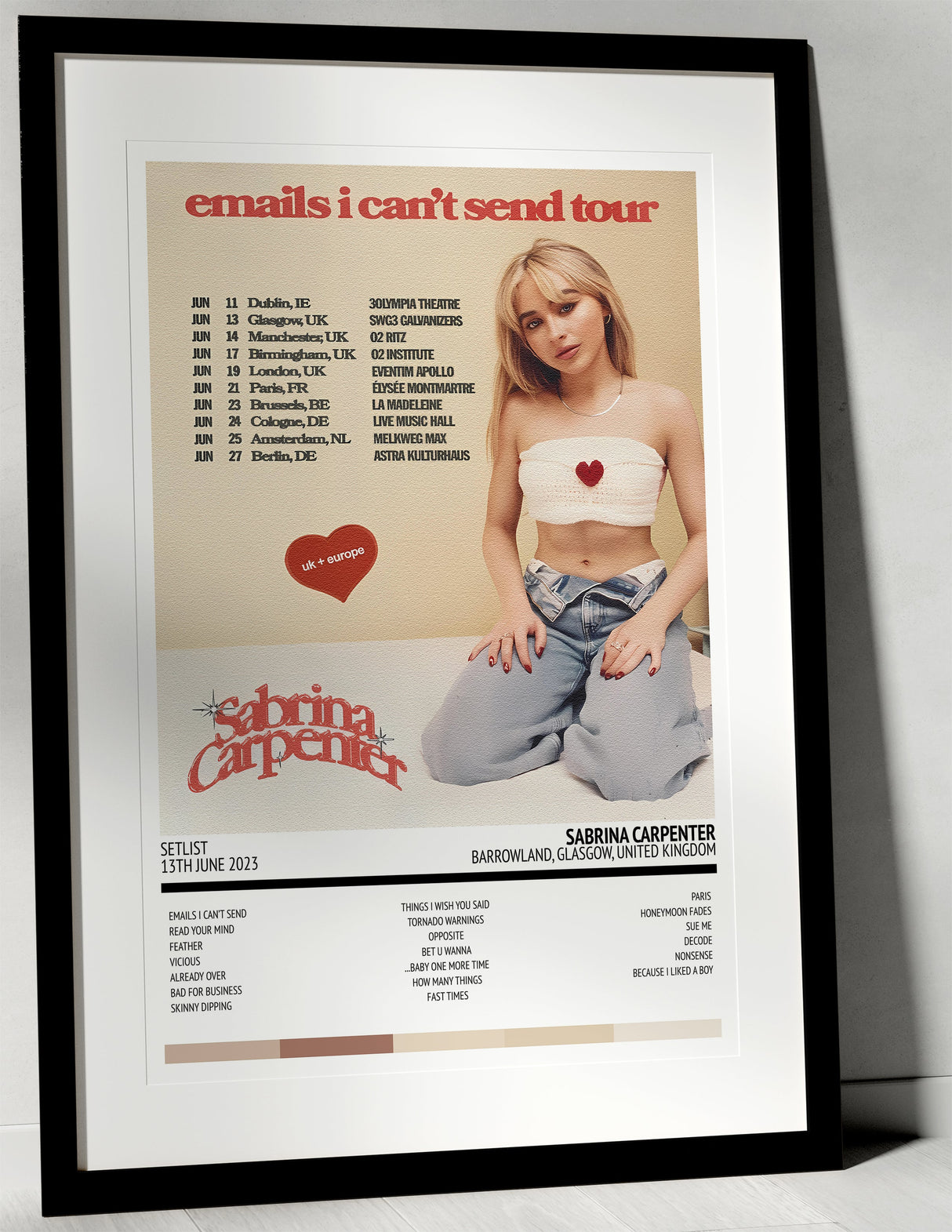 Sabrina Carpenter emails i can't send Tour Barrowland Glasgow 13th June 2023 - Setlist Tour Poster - Setlist