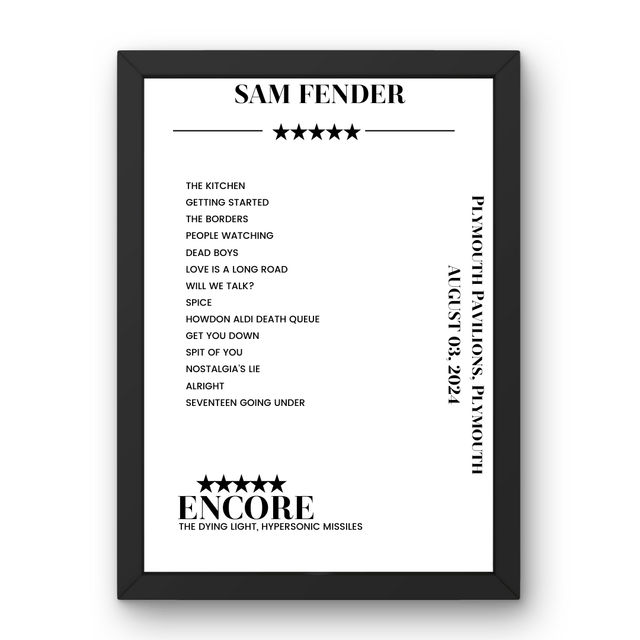 Sam Fender Plymouth Pavilions Plymouth 3 August 2024 Setlist Poster - Setlist