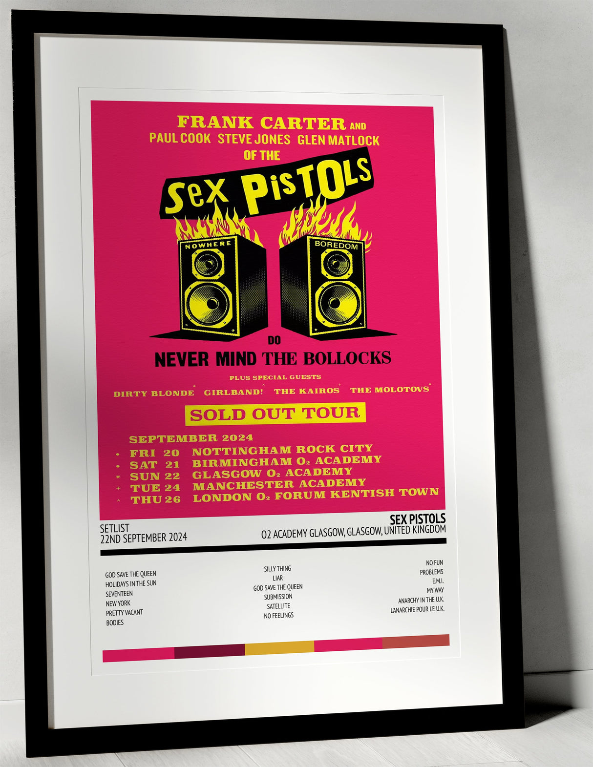 Sex Pistols O2 Academy Glasgow Glasgow 22nd September 2024 - Setlist Tour Poster - Setlist