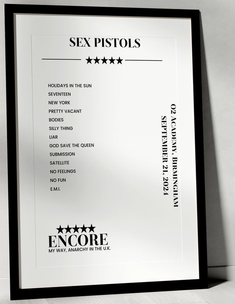 Sex Pistols September 21, 2024 O2 Academy Birmingham Setlist Poster - Setlist