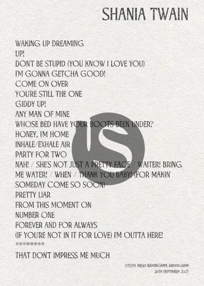 Shania Twain Birmingham 26th September 2023 - Gig Setlist - Setlist