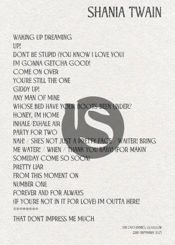 Shania Twain Glasgow 22nd September 2023 - Gig Setlist - Setlist