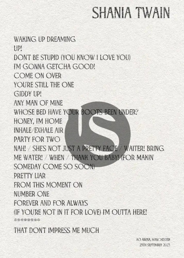 Shania Twain Manchester 25th September 2023 - Gig Setlist - Setlist