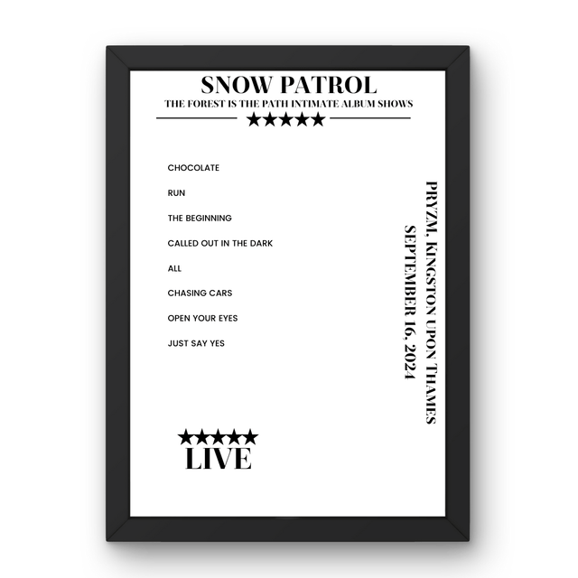 Snow Patrol September 16, 2024 PRYZM Kingston upon Thames Setlist Poster - Setlist