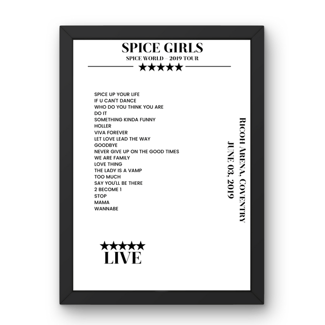 Spice Girls June 03, 2019 Ricoh Arena Coventry Setlist Poster - Setlist