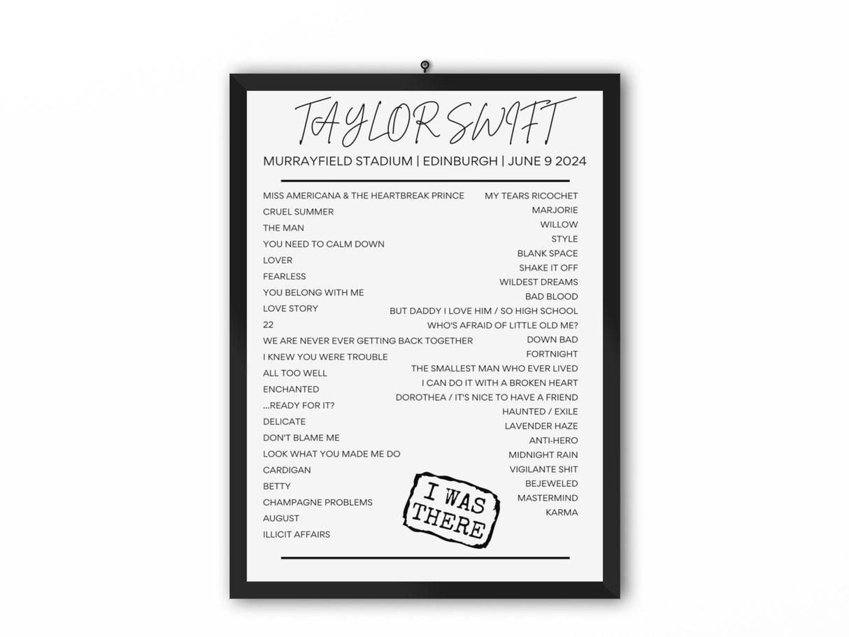 Taylor Swift Edinburgh June 9 2024 Setlist Poster - Setlist