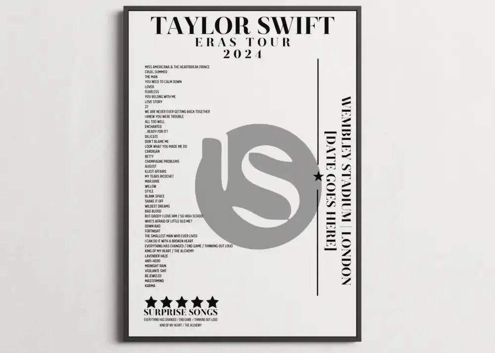 Taylor Swift Wembley August 2024 - Setlist Posters - Basic Style - Setlist