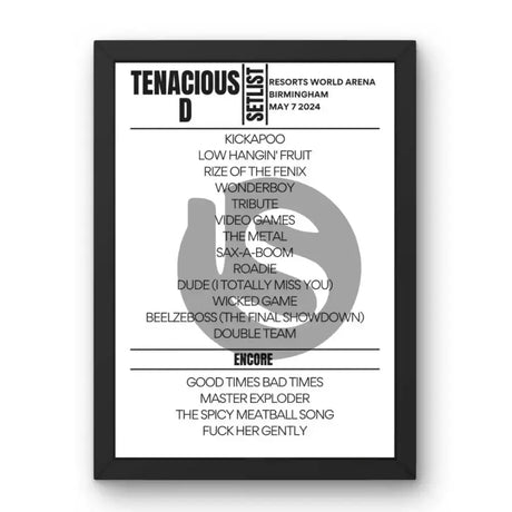 Tenacious D Birmingham May 7 2024 Replica Setlist - Setlist