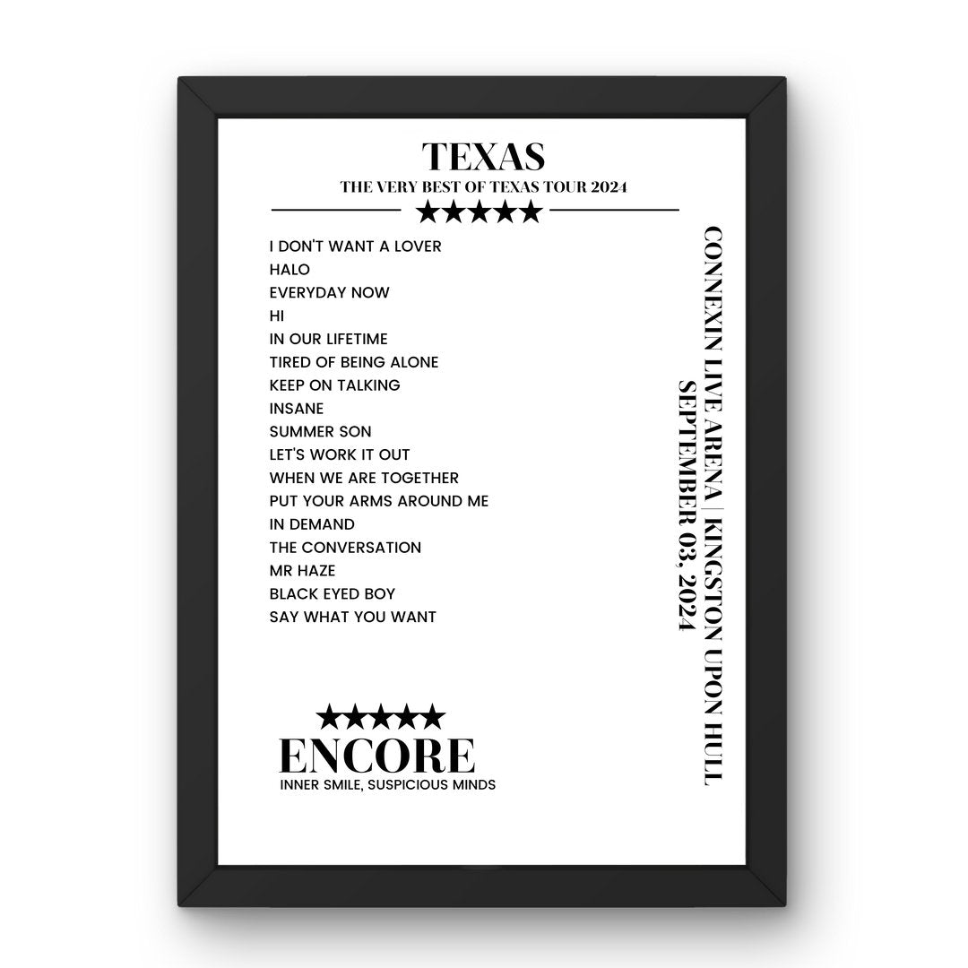 Texas Connexin Live Arena Kingston upon Hull 03 September 2024 Setlist Poster - Setlist