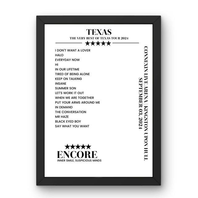 Texas Connexin Live Arena Kingston upon Hull 03 September 2024 Setlist Poster - Setlist