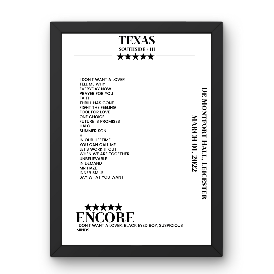 Texas De Montfort Hall Leicester 01 March 2022 Setlist Poster - Setlist