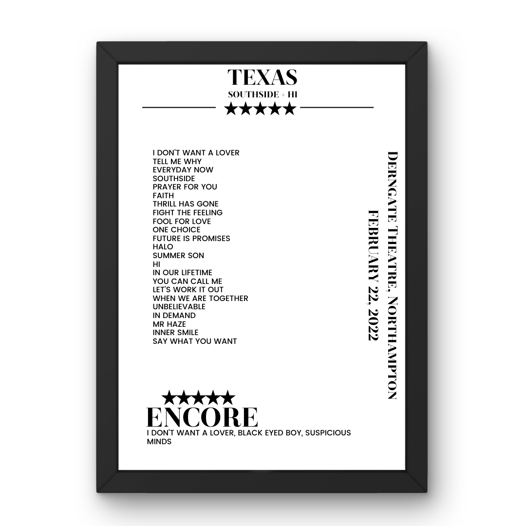 Texas Derngate Theatre Northampton 22 February 2022 Setlist Poster - Setlist