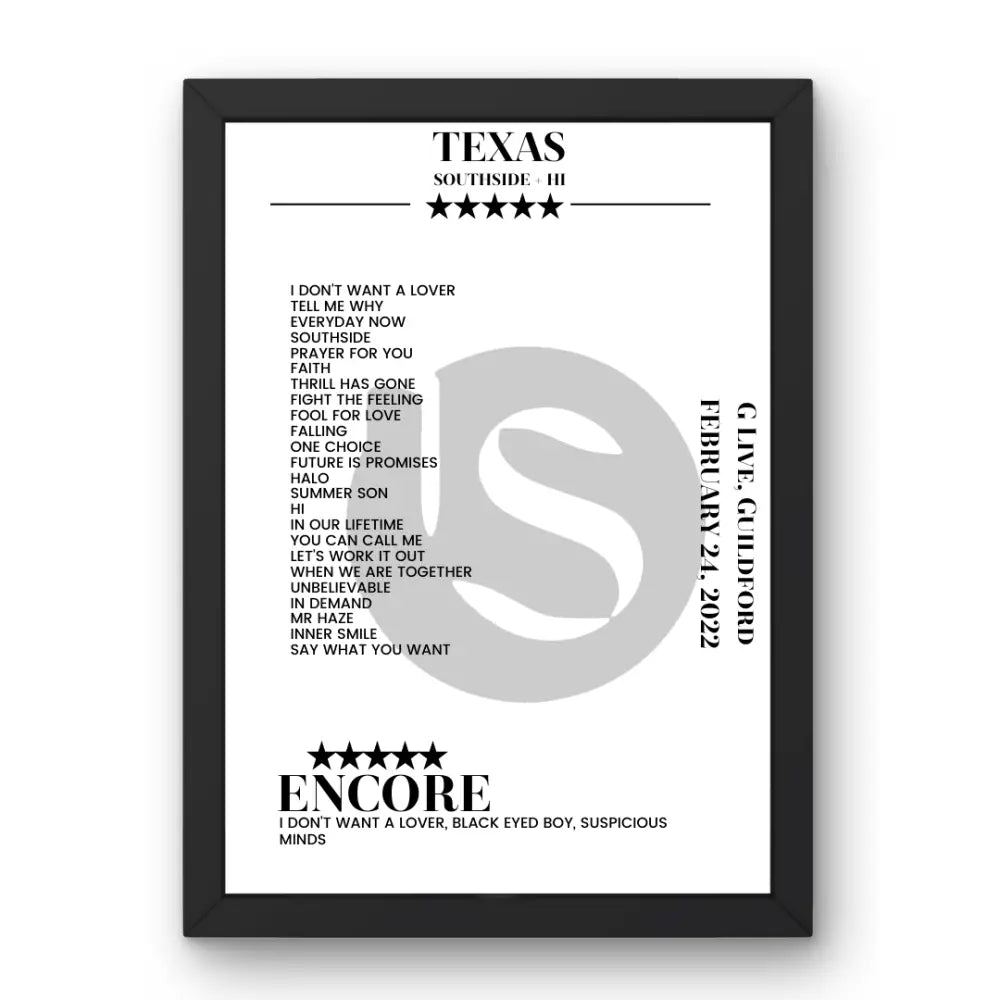 Texas G Live Guildford 24 February 2022 Setlist Poster - Setlist