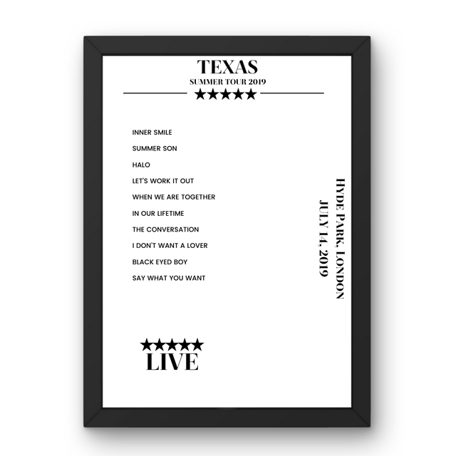 Texas Hyde Park London 14 July 2019 Setlist Poster - Setlist