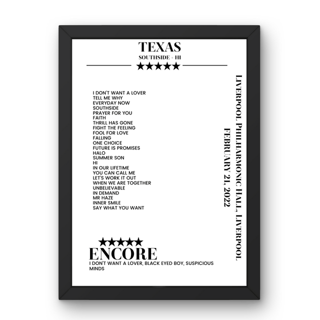 Texas Liverpool Philharmonic Hall Liverpool 21 February 2022 Setlist Poster - Setlist