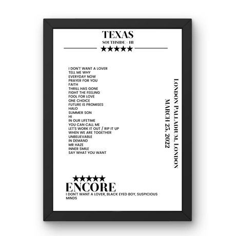 Texas London Palladium London 25 March 2022 Setlist Poster - Setlist