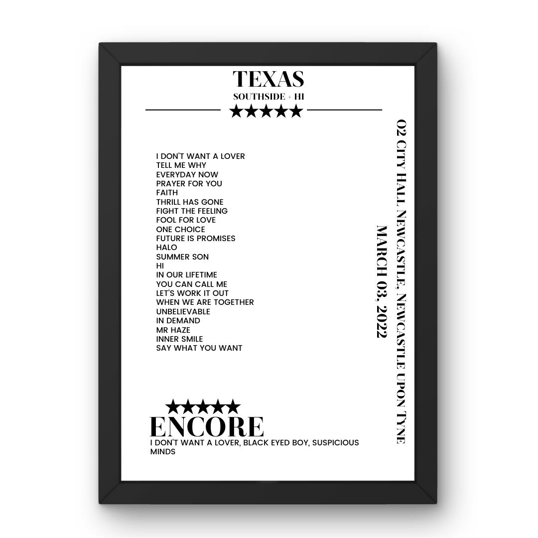 Texas O2 City Hall Newcastle Newcastle upon Tyne 03 March 2022 Setlist Poster - Setlist