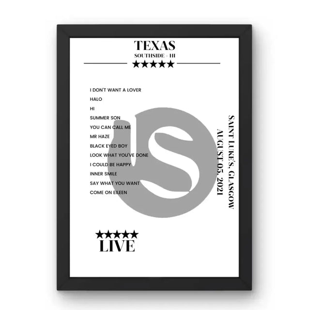 Texas Saint Luke's Glasgow 05 August 2021 Setlist Poster - Setlist