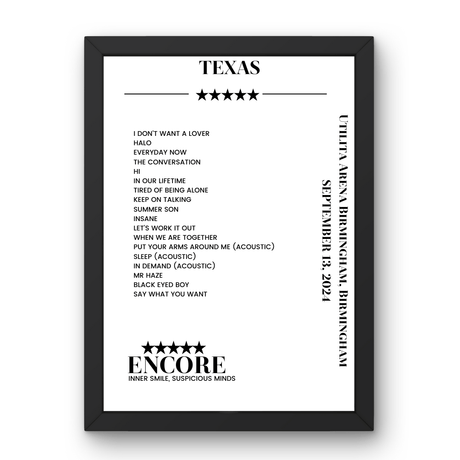 Texas September 13, 2024 Utilita Arena Birmingham Birmingham Setlist Poster - Setlist