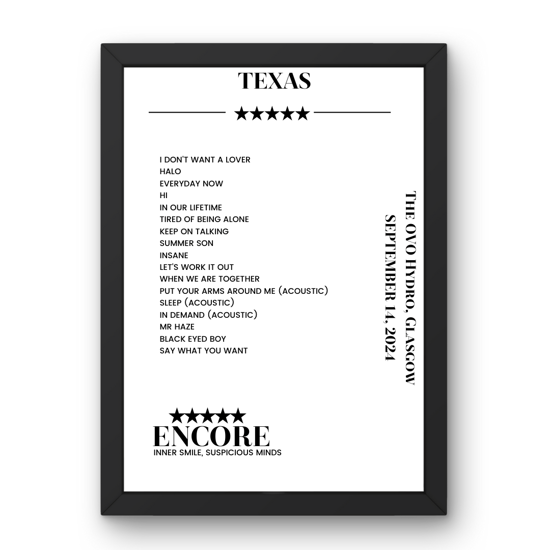 Texas September 14, 2024 The OVO Hydro Glasgow Setlist Poster - Setlist