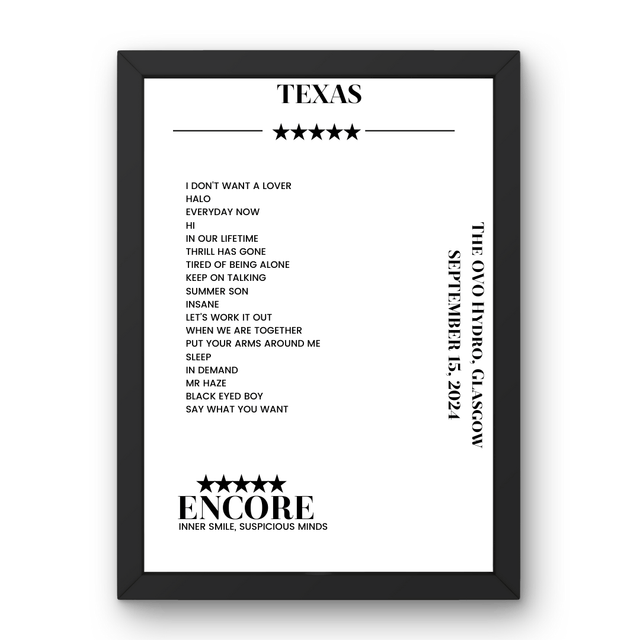 Texas September 15, 2024 The OVO Hydro Glasgow Setlist Poster - Setlist