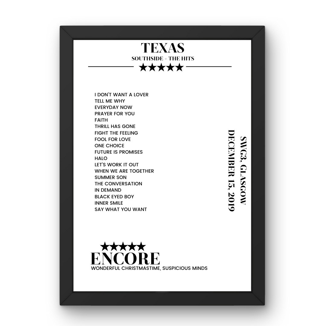 Texas SWG3 Glasgow 15 December 2019 Setlist Poster - Setlist